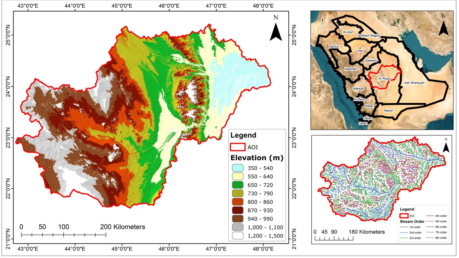 Al-Kharj-Riyadh basin study area: elevation, locator inset and stream-order network